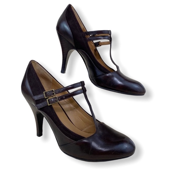 Nine West Shoes - Nine West "Yourito" T-Strap Brown Leather Heels
